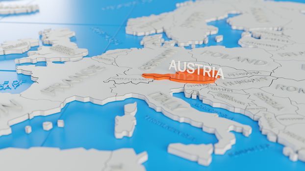 Austria highlighted on a white simplified 3D world map. Digital 3D render.