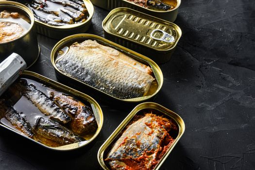 Saury, mackerel, sprats, sardines, pilchard, squid, tuna, Canned fish in tin cans. Open and closed over black slate background side view space for text.