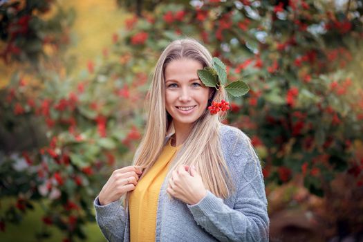 A young blonde girl in a gray knitted sweater walks in the autumn park and looks at red berries