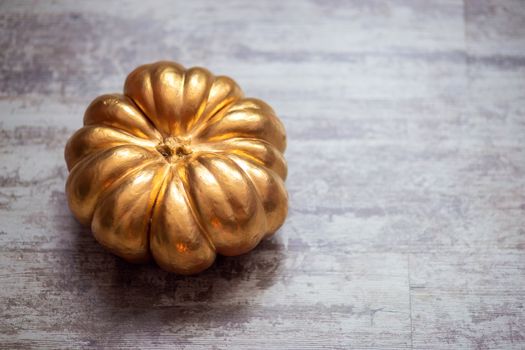 Top view of a large pumpkin painted gold. Postcard for Halloween.