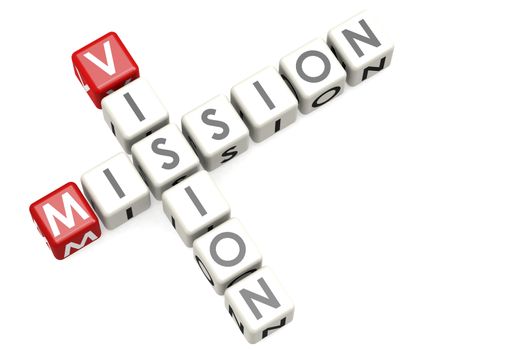 Mission vision cube crossword on white background, 3D rendering