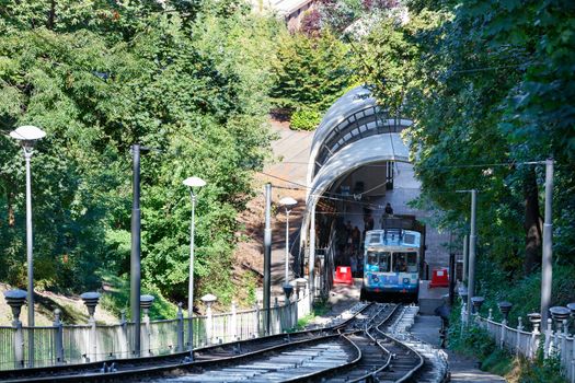 A blue and white cable funicular, surrounded by green foliage and shaded by trees, picks up passengers at the lower station.