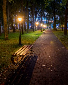 A night park lit by lanterns with a stone pavement, trees, fallen leaves and benches in early autumn. Cityscape.