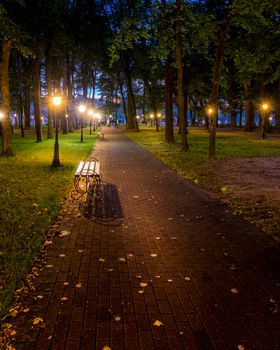 A night park lit by lanterns with a stone pavement, trees, fallen leaves and benches in early autumn. Cityscape.