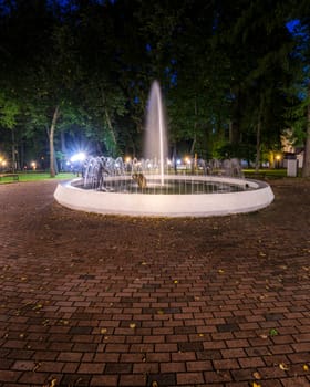 A fountain with blurred streams of water in a night park illuminated by lanterns with a stone pavement, trees and benches. Cityscape.