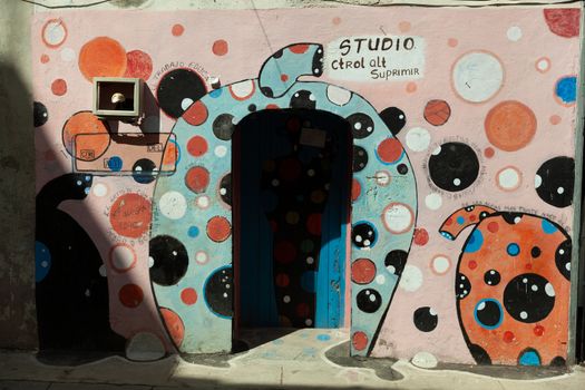 Havana, Cuba - 8 February 2015: Entrance of art gallery studio Ctrol + Alt, Street art in Havana