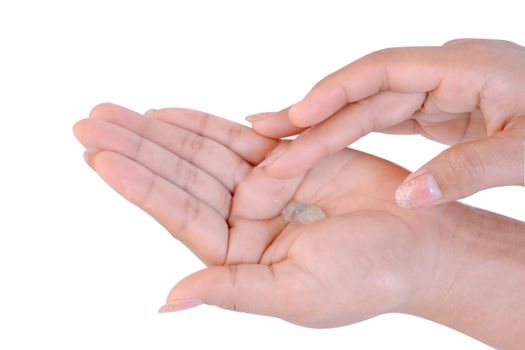 Closeup woman hand washing with alcohol gel on white background, health care and medical concept