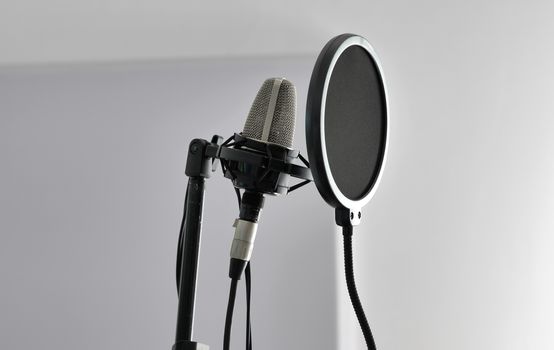 Studio microphone and pop filter for recording audio