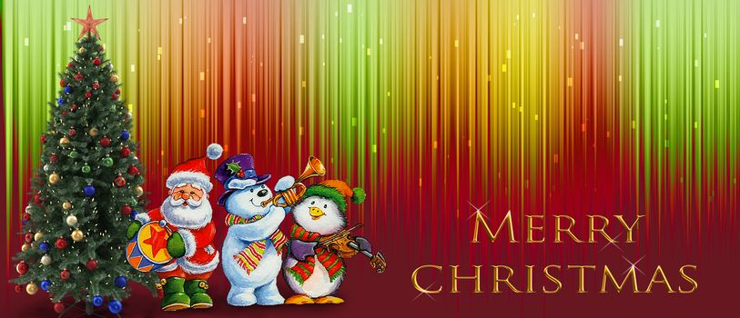 Beautiful Christmas card with a Christmas tree, Santa Claus and snowmen playing musical instruments. Bright rainbow background with sparks. Copy space