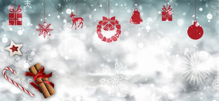 Light blue Christmas background with bokeh, snowflakes, stars and red Christmas symbols: balloons, deer, stars. Banner.
