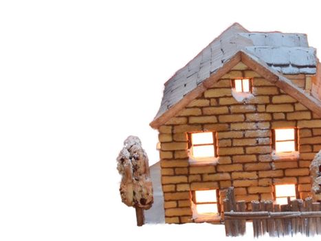 Nearby illustration from a small brick house with a Christmas atmosphere with a fence.