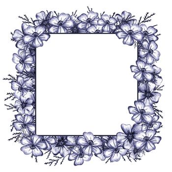 Frame with Blue Hand-Drawn Thin-leaved Marigolds Flowers. Thin-leaved Marigolds Cards for Print, Design, Holiday, Wedding and Birthday.