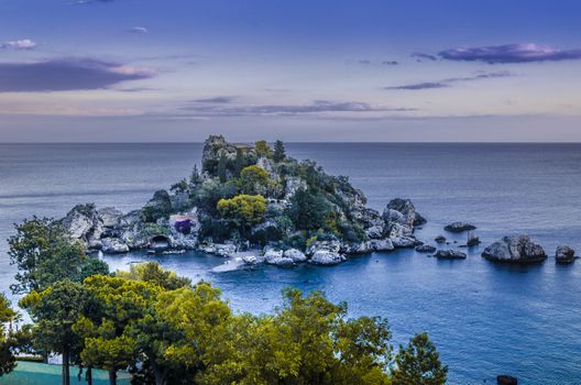 Panoramic view of isola bella and its marina in the nearly of the city of tahormina sicily