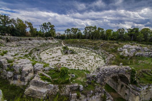 Sand and steps of the historical roman circus of syracuse sicily italy