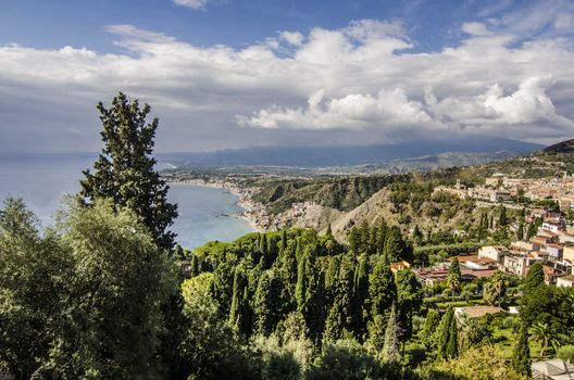 View of the coastline sicilian territory with its vegetation and mountains in the vicinity of the city of taormina
