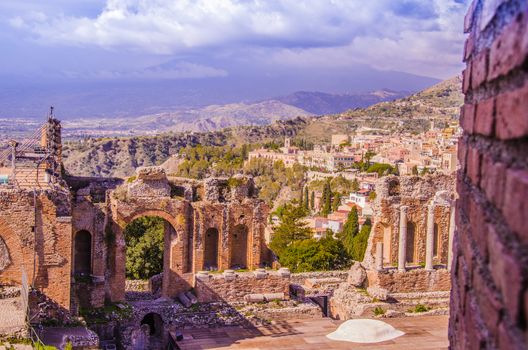 View from the greek theater of taormina of the city and Sicilian territory