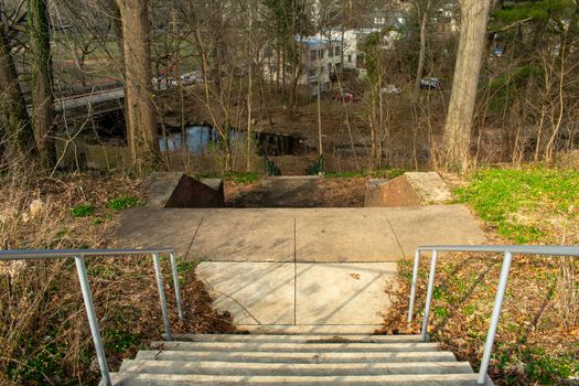 Looking Down a Set of Concrete Stairs in a Park in Suburuban Pennsylvania