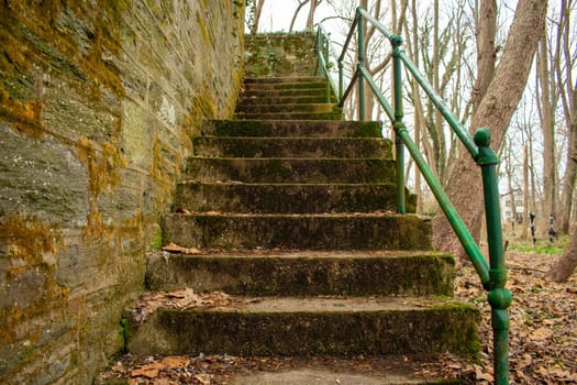 Looking Up an Old Set of Cobblestone Stairs With a Wall Next to It in a Park in Suburban Pennsylvania