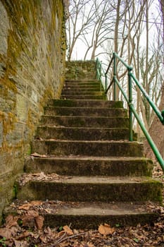 Looking Up an Old Set of Cobblestone Stairs With a Wall Next to It in a Park in Suburban Pennsylvania