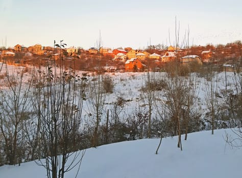 Beautiful landscape with sunset in winter time.