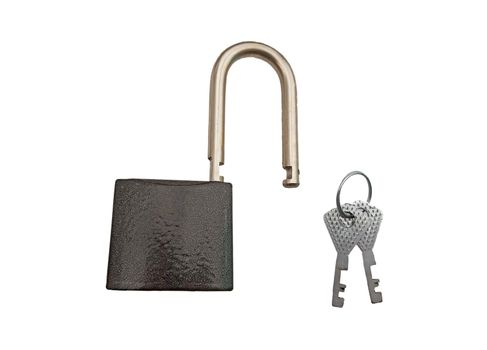 A padlock and the key on a white background.