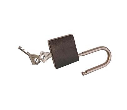 A padlock and the key on a white background.