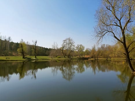 Beautiful lake in the spring, water as a mirror.