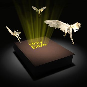 Winged angels fly over the Holy Bible. 3D rendering