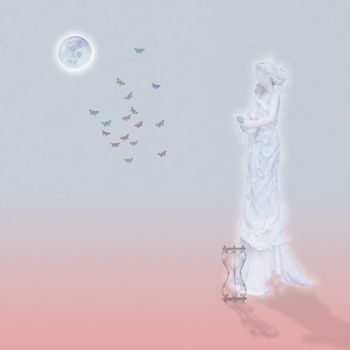 Woman marble statue and butterflies. Glowing moon and hourglass. 3D rendering