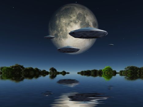 Flying saucers flies above ocean on water planet. Green forest at the horizon and full moon in the sky. 3D rendering