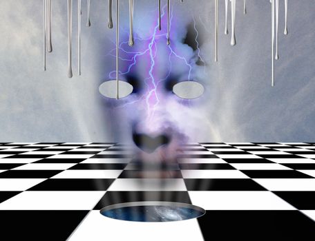 Surrealism. Chessboard with hole to another dimension. Mask with clouds and lightning. 3D rendering