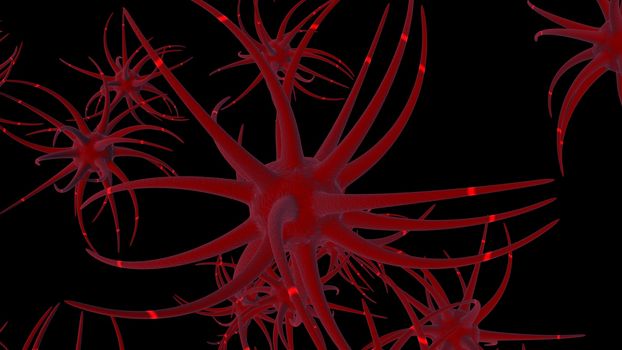 3D neuron cells network structure with glowing impulse on black background. 3D rendering