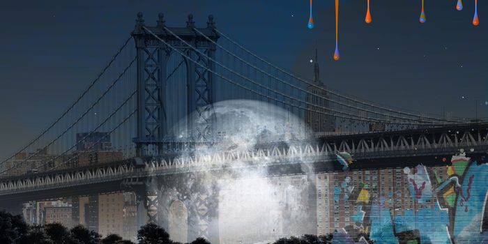 Surreal digital art. Manhattan bridge on New York cityscape. Giant moon, pieces of graffiti. Paint drops. 3D rendering