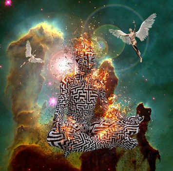 Surrealism. Figure of man with maze pattern in lotus pose in flames. Men with wings represents angels. 3D rendering