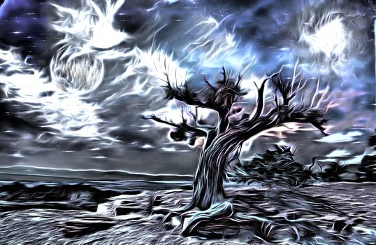 Night landscape. Old tree, full moon and mystic clouds in the sky. 3D rendering