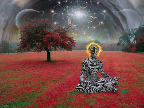 Spiritual composition. Man meditates in lotus pose in surreal landscape. Angels and eye of God. 3D rendering