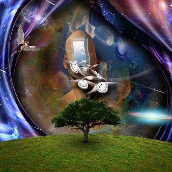 Surrealism. Flow of Time through space. Man with wings represents angels. 3D rendering