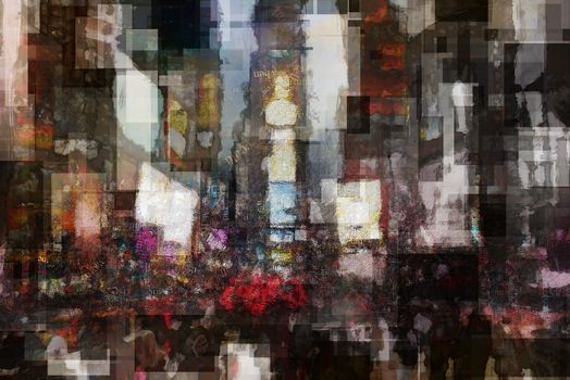 Abstract modern painting with words cloud. Times Square. 3D rendering