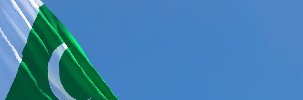 3D rendering of the national flag of Pakistan waving in the wind against a blue sky