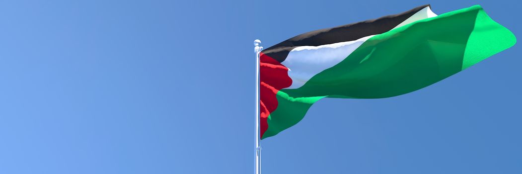 3D rendering of the national flag of Palestine waving in the wind against a blue sky