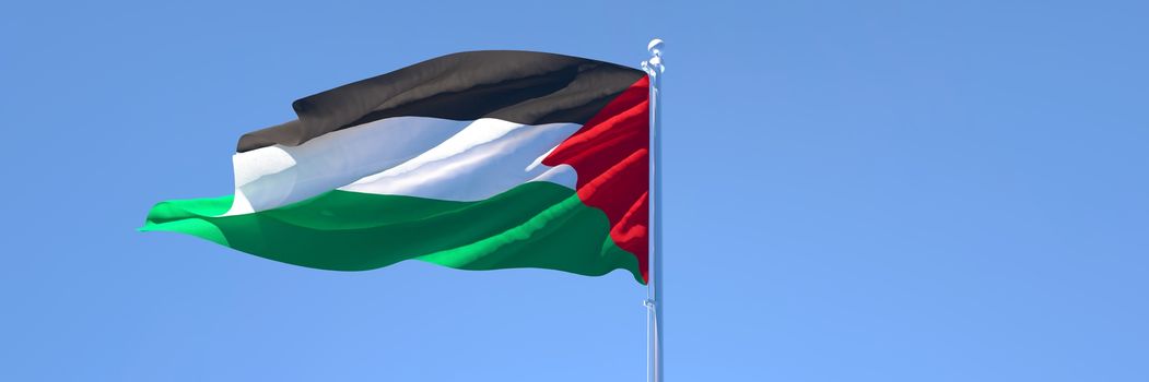 3D rendering of the national flag of Palestine waving in the wind against a blue sky