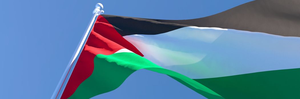 3D rendering of the national flag of Palestine waving in the wind against a blue sky