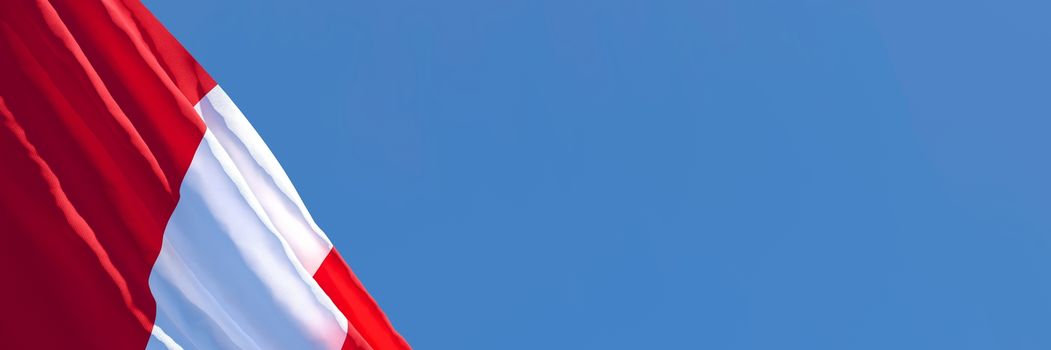 3D rendering of the national flag of Peru waving in the wind against a blue sky