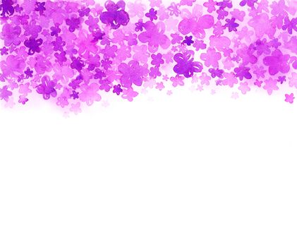 Cute easy drawing pink and purple flower on white background. Freehand watercolor painting. Design element for poster, flyer, invitation card, web banner.