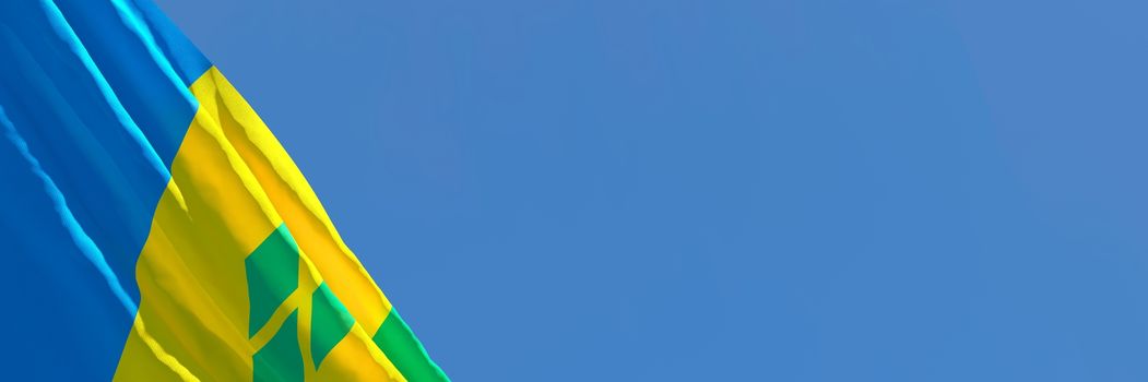 3D rendering of the national flag of Saint Vincent and the Grenadines waving in the wind against a blue sky