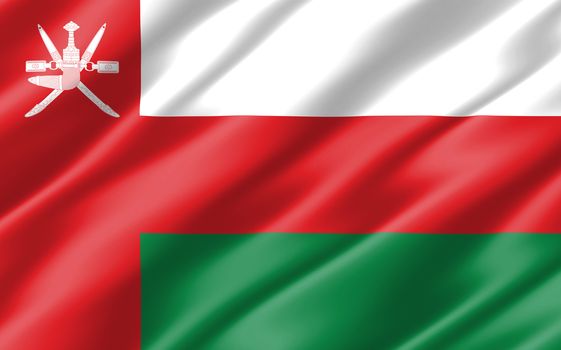 Silk wavy flag of Oman graphic. Wavy Omani flag illustration. Rippled Oman country flag is a symbol of freedom, patriotism and independence.