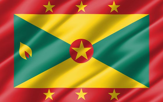 Silk wavy flag of Grenada graphic. Wavy Grenadian flag illustration. Rippled Grenada country flag is a symbol of freedom, patriotism and independence.
