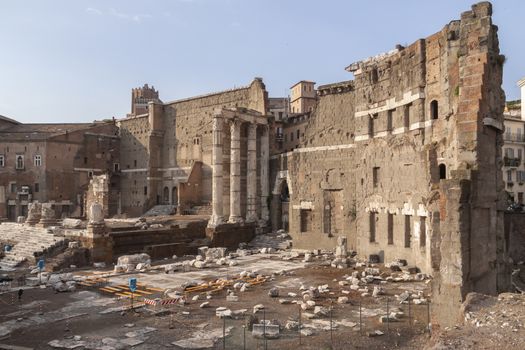 Rome, Italy - June 27, 2010: General view of Campus Martius, in the Temple of Mars Ultore, with the Arch of Pantai towards the center right, in the Forum of Augustus, Rome.