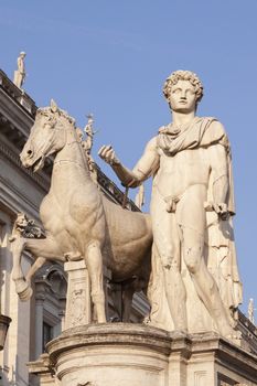 Rome, Italy - June 27, 2010: Statue of Castore, at the entrance to Piazza Campidoglio, on Capitoline Hill, Rome.