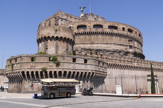 Rome, Italy - June 28, 2010: View of one of the sides of Castel Sant'Angelo on a hot and sunny day.